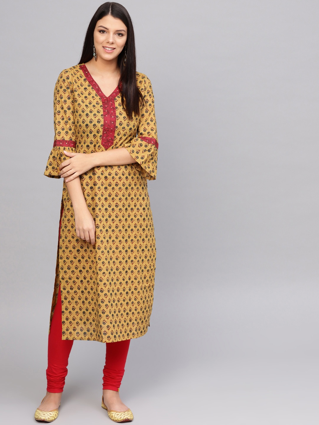 

Varanga Women Mustard Yellow & Green Printed Straight Kurta