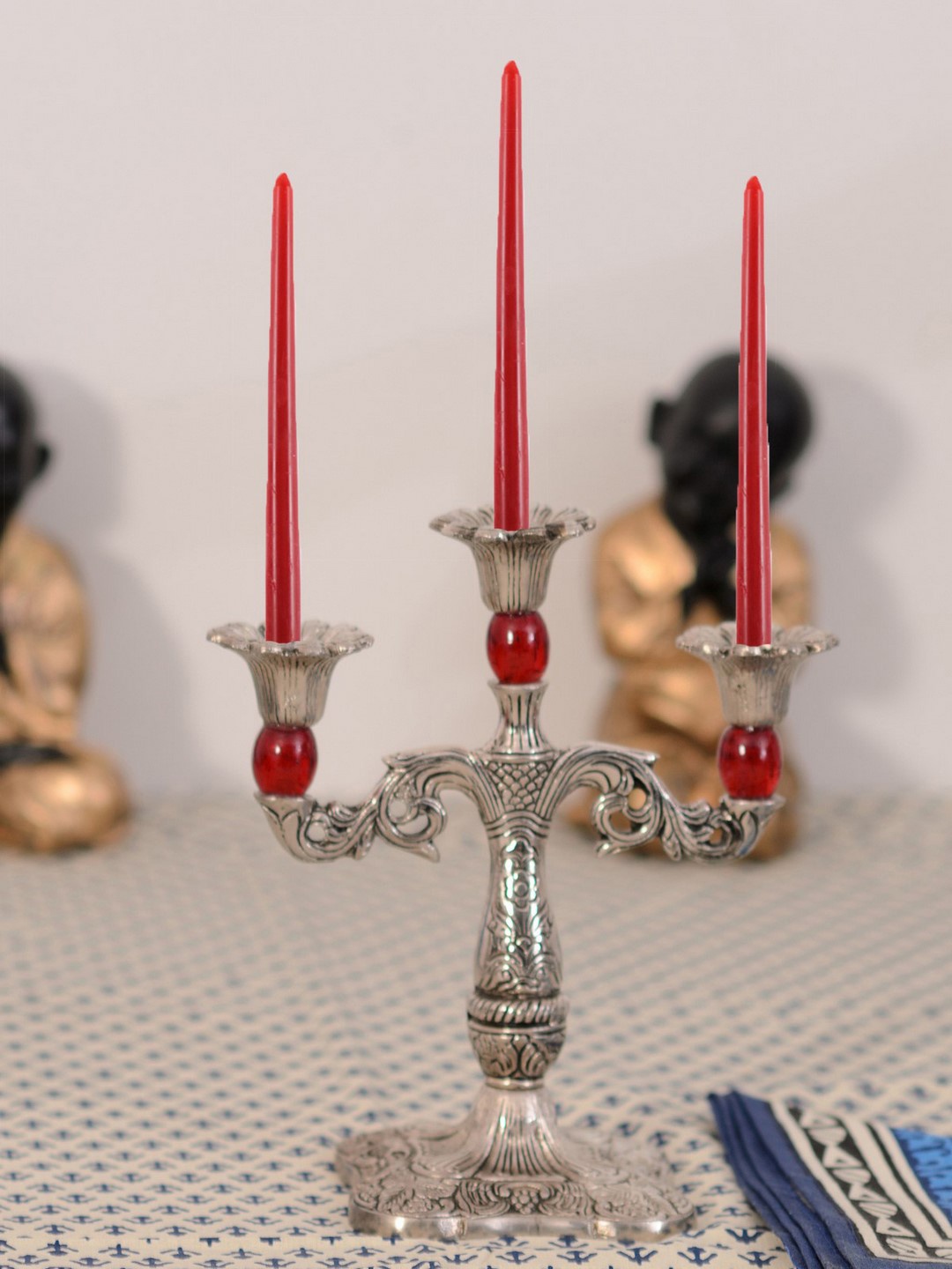 

eCraftIndia Silver-Toned & Red Crystal Metal Handcrafted Candle Stand