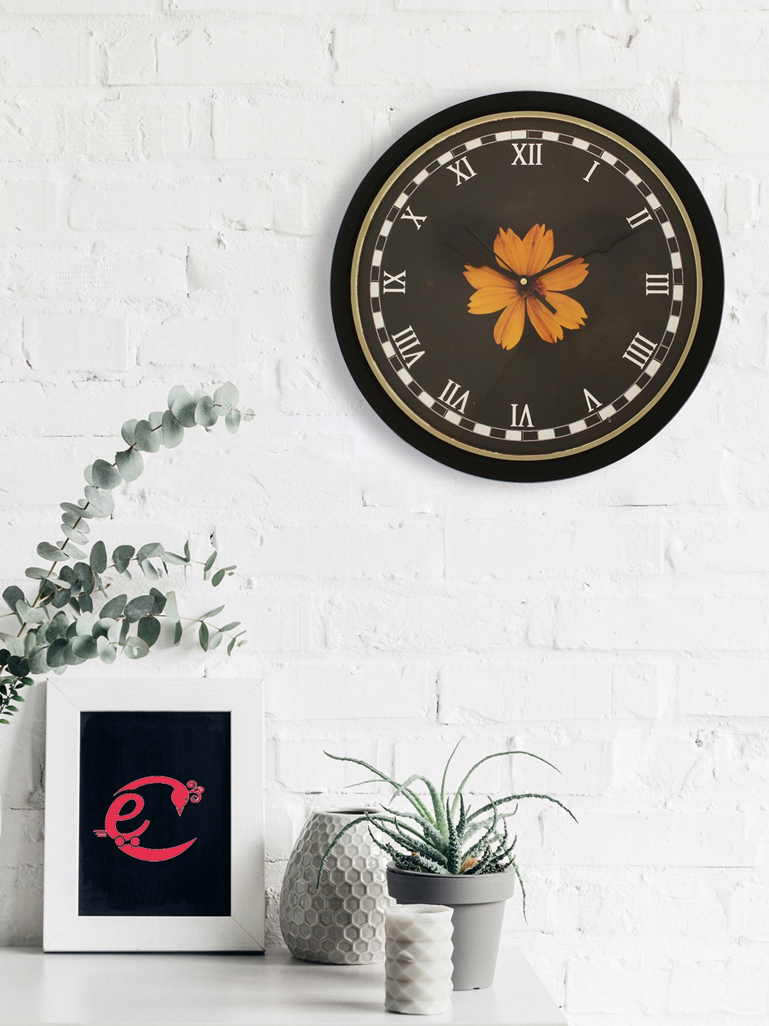 eCraftIndia Black & Orange Round 31 cm Printed Analogue Wall Clock