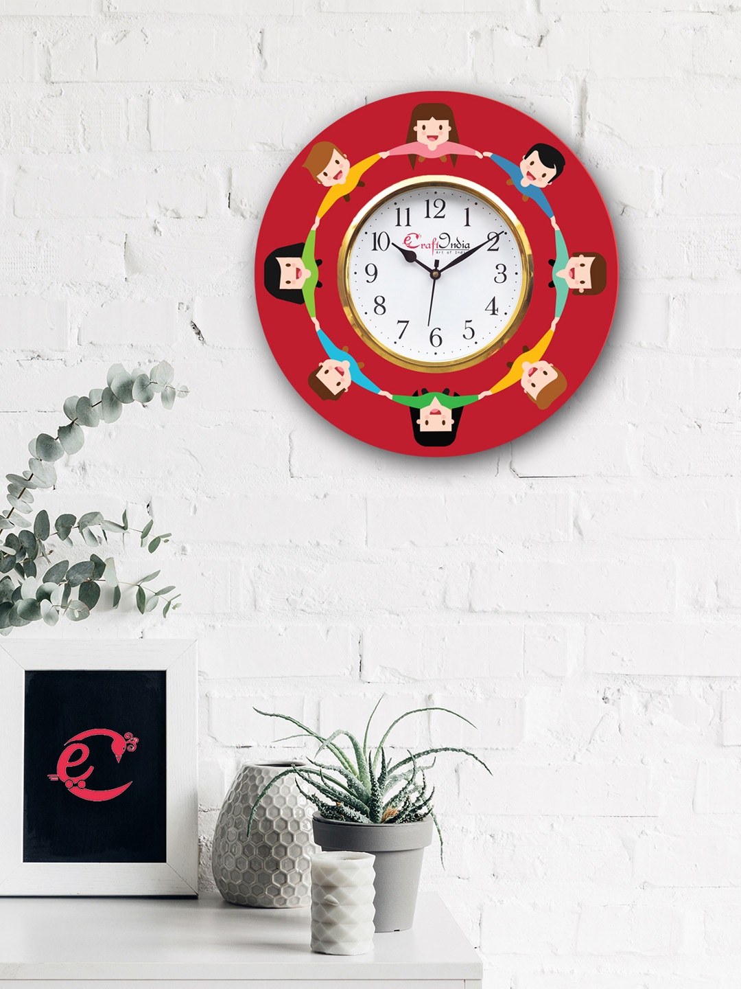 

eCraftIndia Red & White Handcrafted Round Printed Analogue Wall Clock