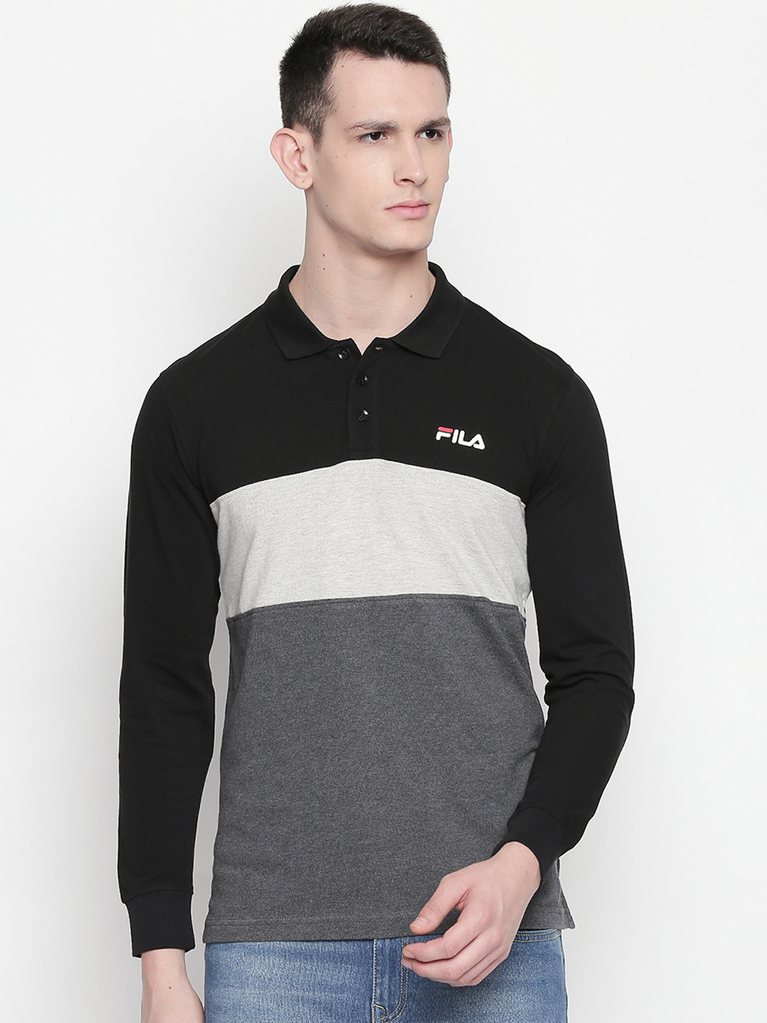 

FILA Men Black Colourblocked Polo Collar Pure Cotton T-shirt