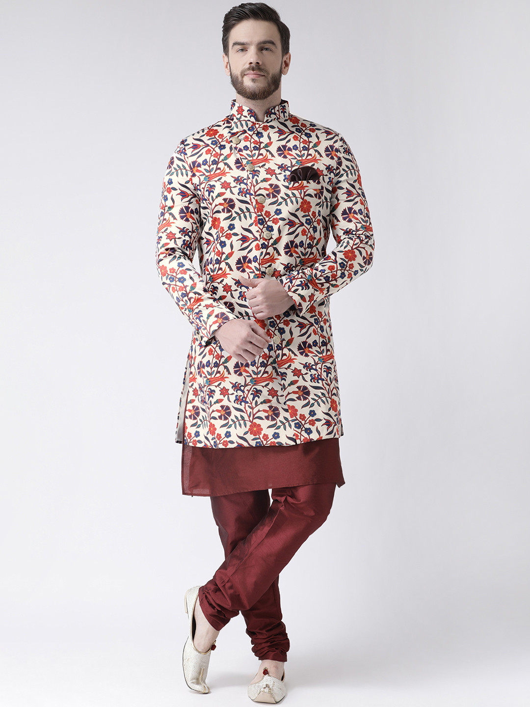 

Hangup Men White & Orange and Printed Sherwani Set