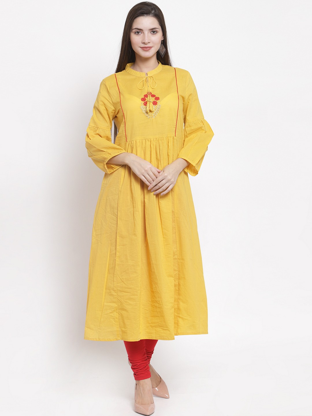 

The Kurta Express Women Yellow Embroidered A-Line Kurta