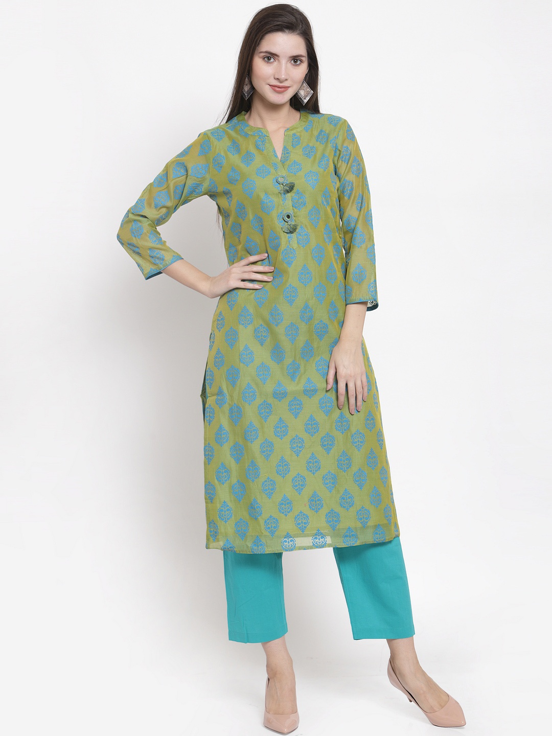 The Kurta Express Women Green & Blue Printed Straight Kurta