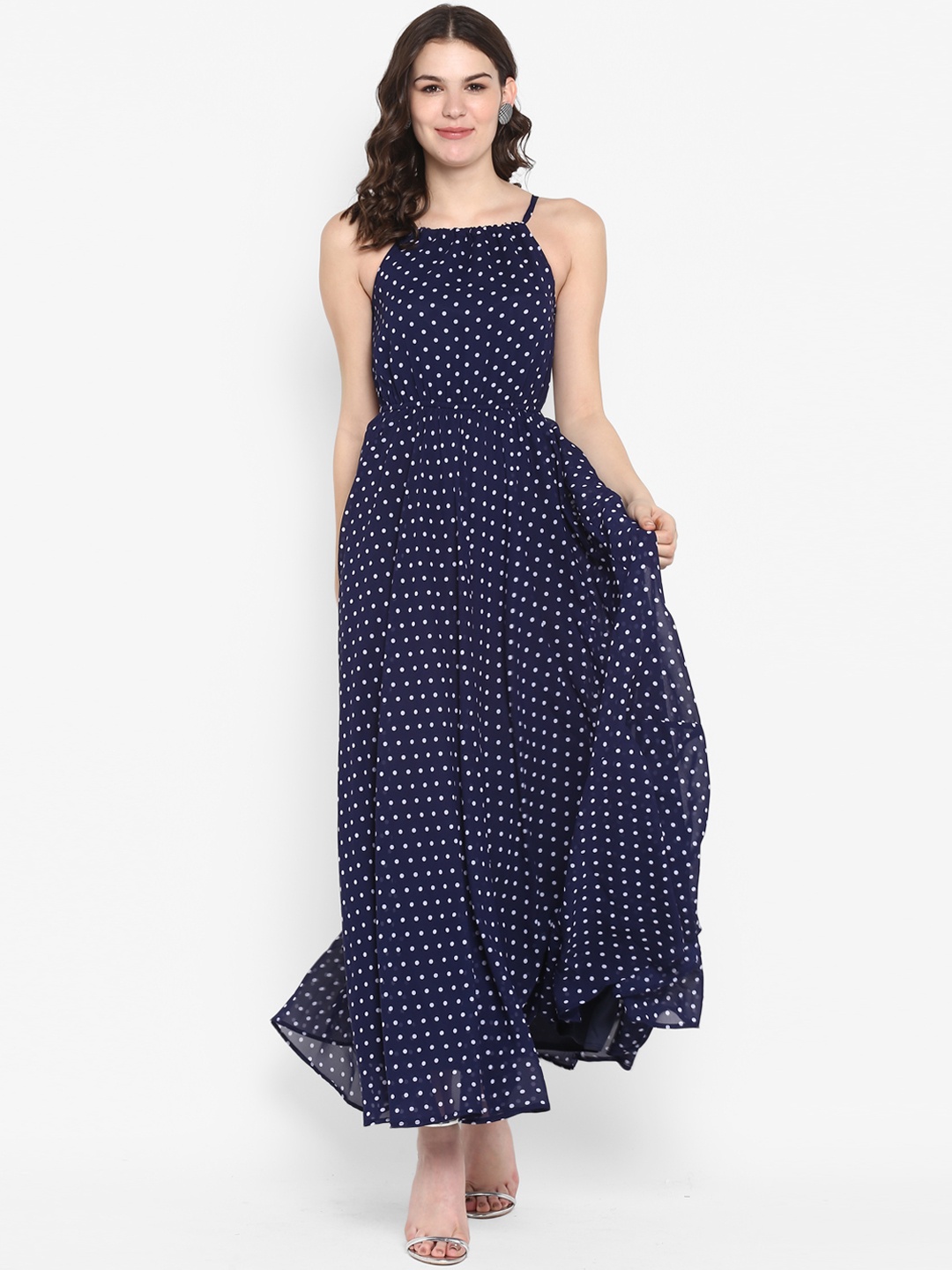 

The Vanca Women Navy Blue & White Printed Maxi Dress