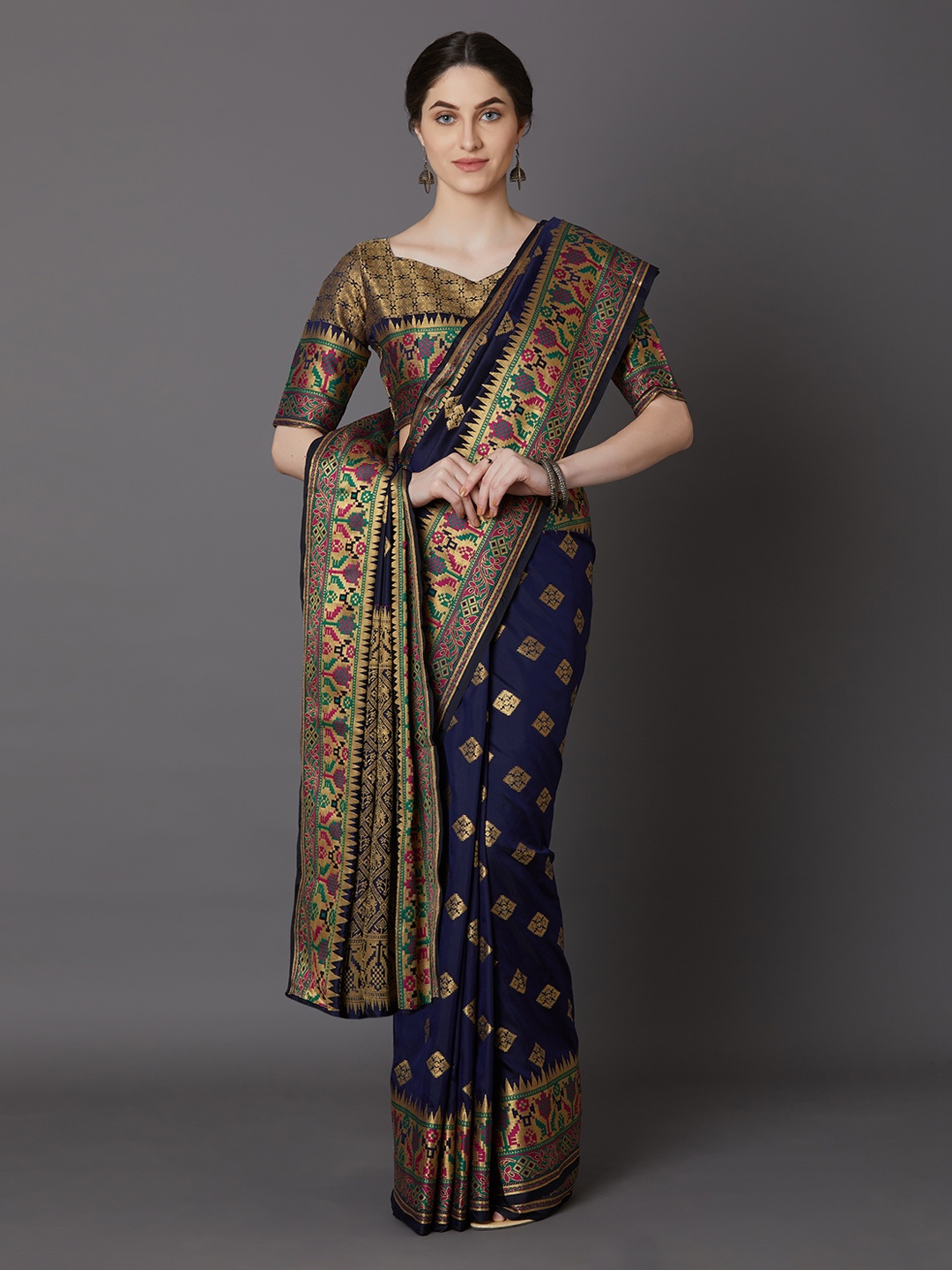 

Mitera Navy Blue & Gold-Toned Silk Blend Woven Design Banarasi Saree