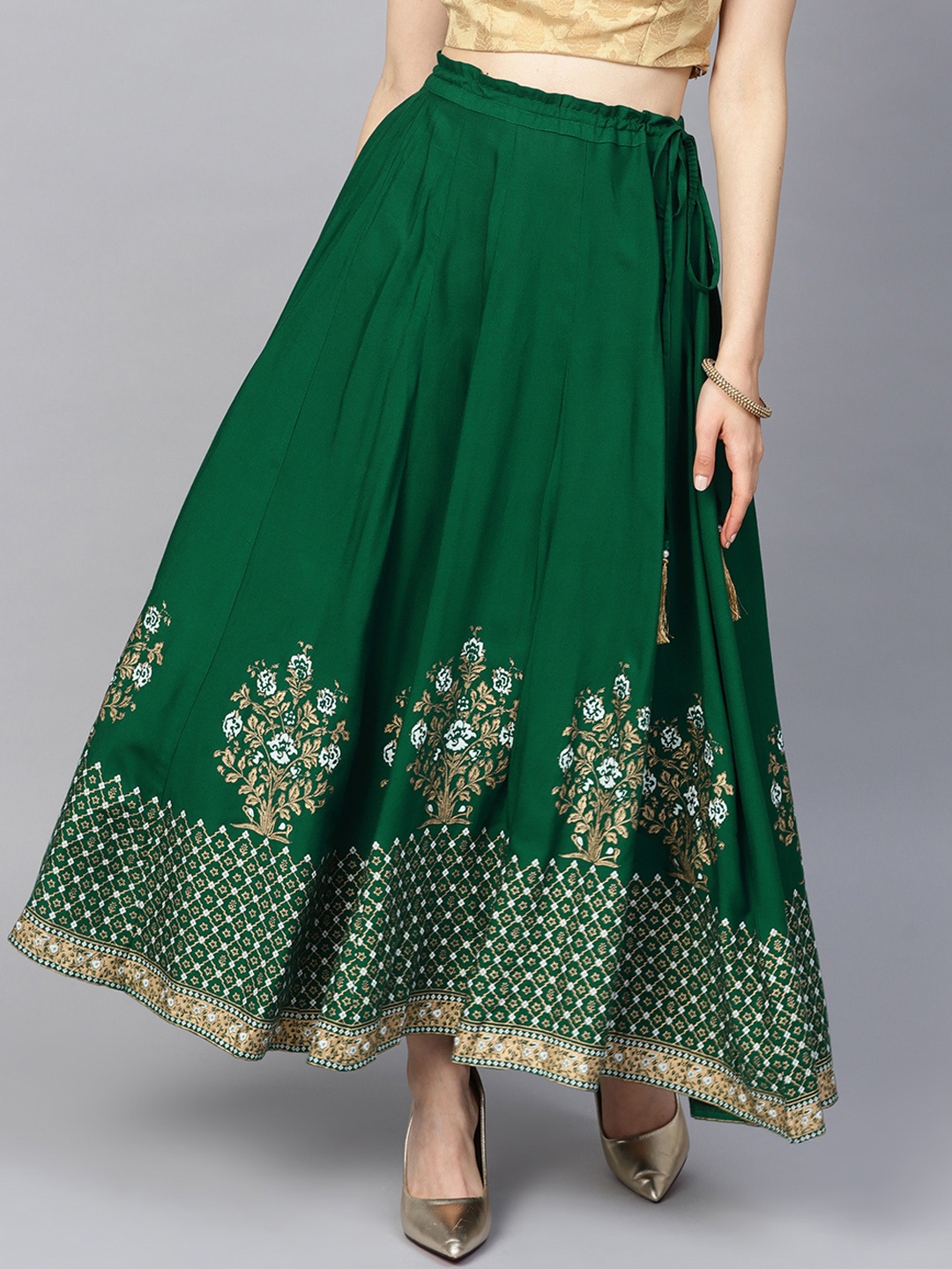 

Varanga Women Bottle Green & Gold-Coloured Printed Flared Maxi Skirt