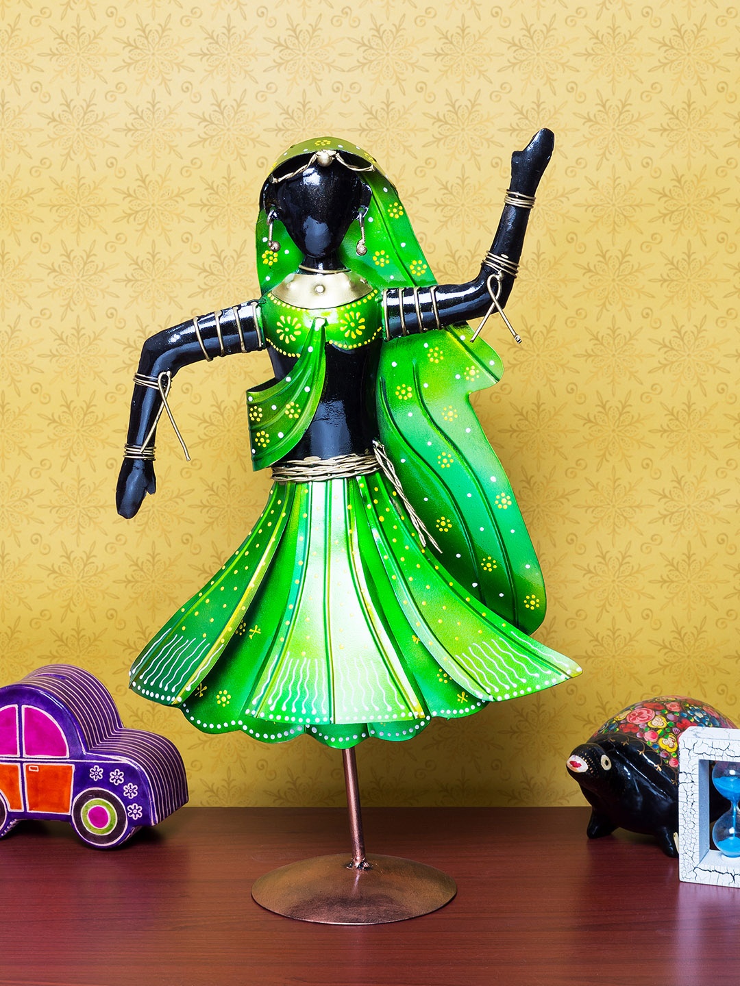 

Golden Peacock Green & Black Handcrafted Dancing Lady Showpiece
