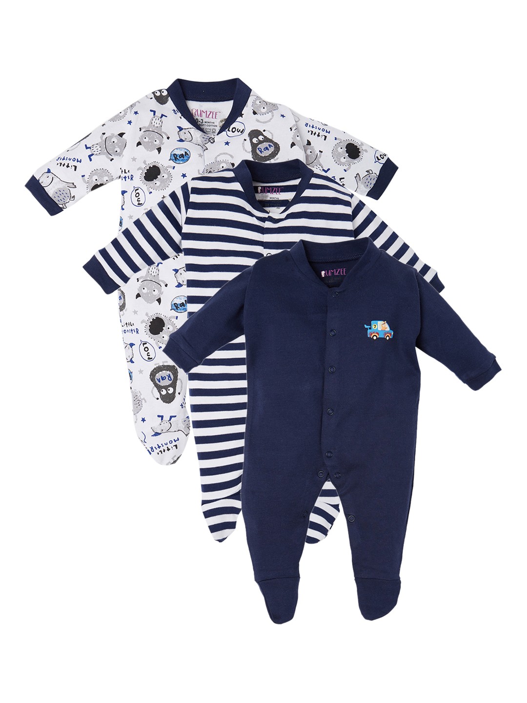 

BUMZEE Kids Pack of 3 Navy Blue & Grey Printed Sleepsuits