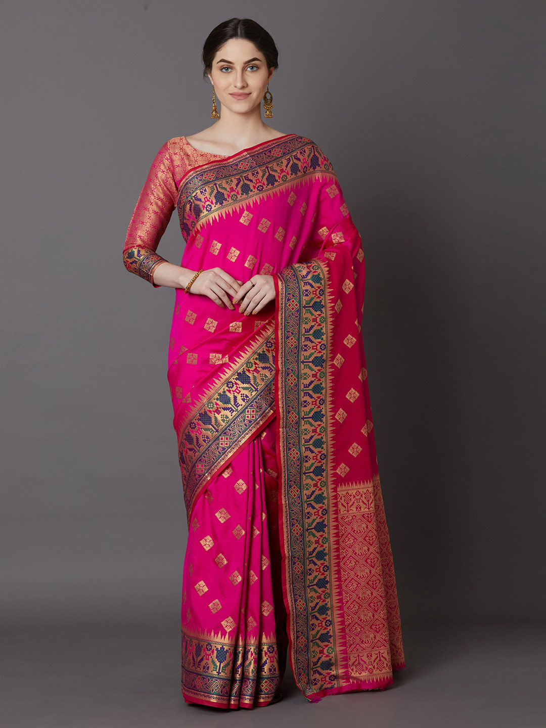 

Mitera Pink & Magenta Silk Blend Woven Design Banarasi Saree