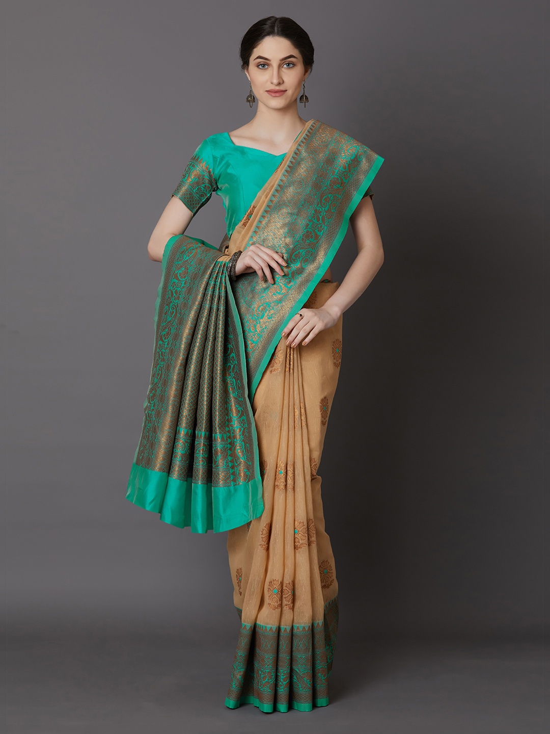 

Mitera Sea Green & Beige Silk Blend Woven Design Banarasi Saree