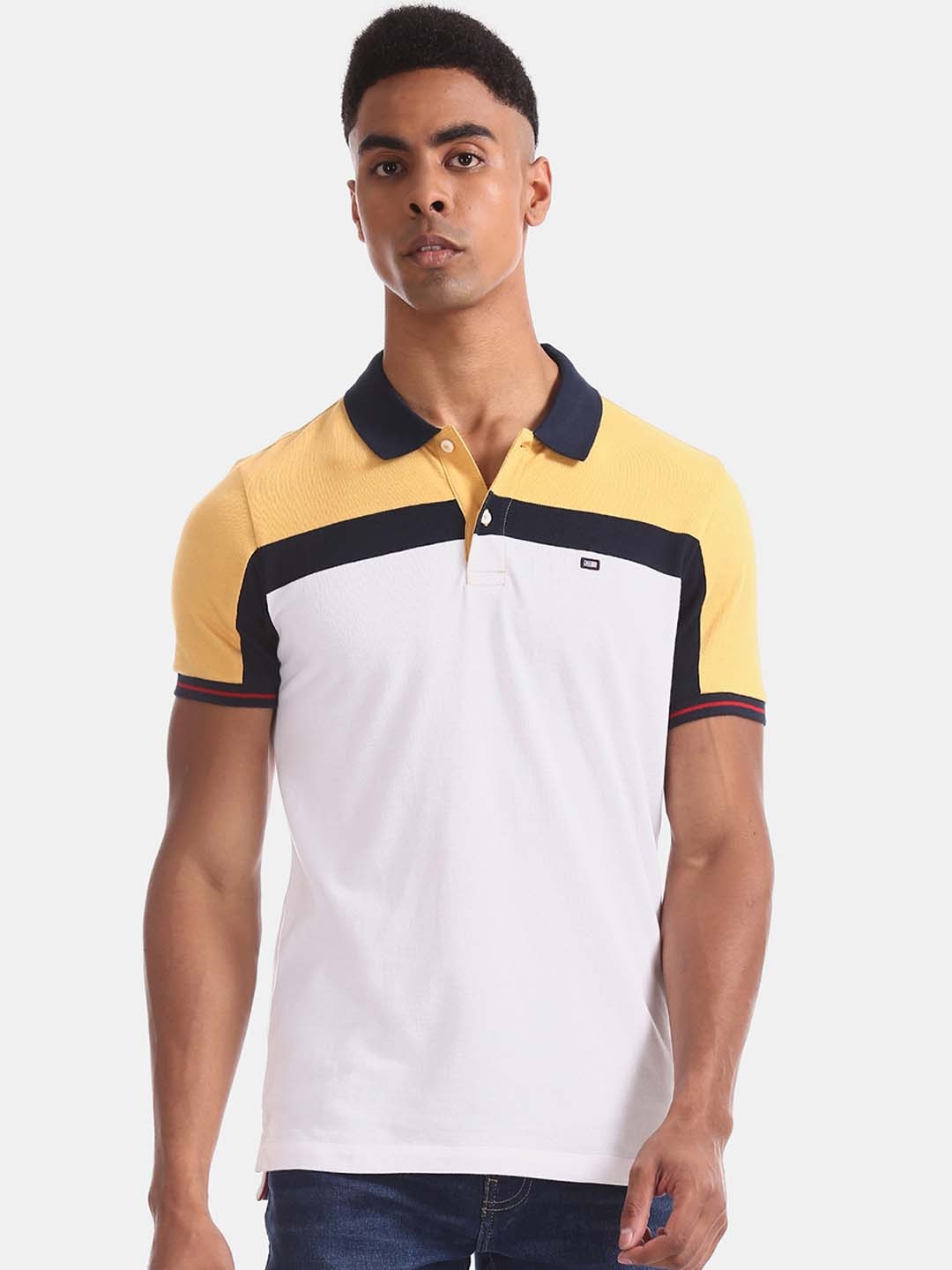 

Arrow Sport Men White Colourblocked Polo Collar Pure Cotton T-shirt