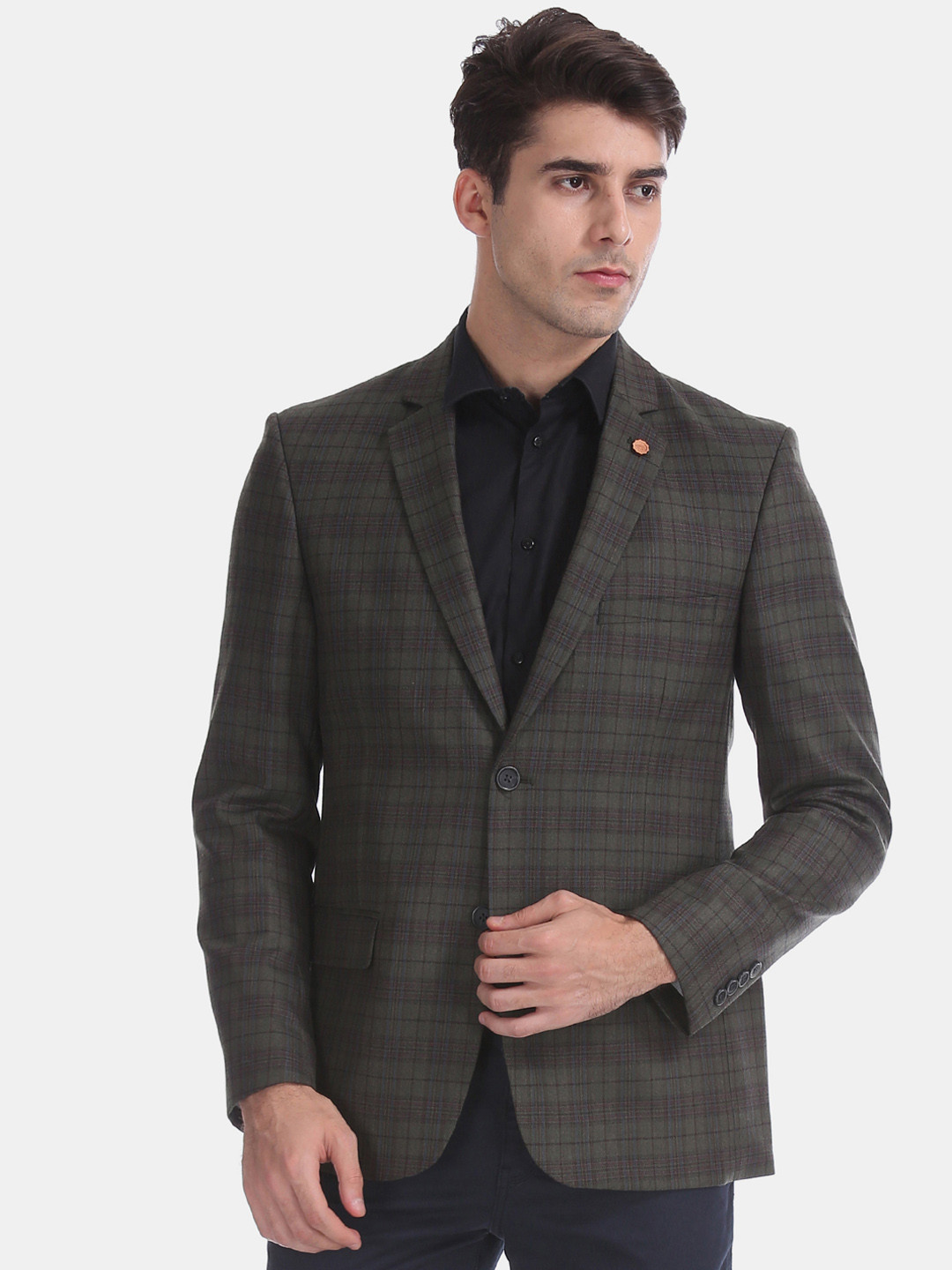 

Arrow Men Olive Green Checked Single-Breasted Blazer