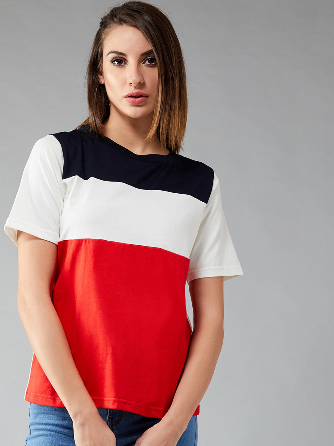 DOLCE CRUDO Women White Red Colourblocked Round Neck Pure Cotton T-shirt