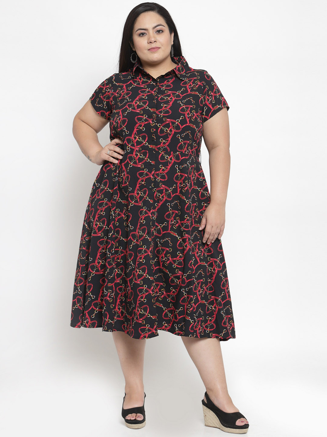 

plusS Women Black and Red Belt Printed Shirt Dress