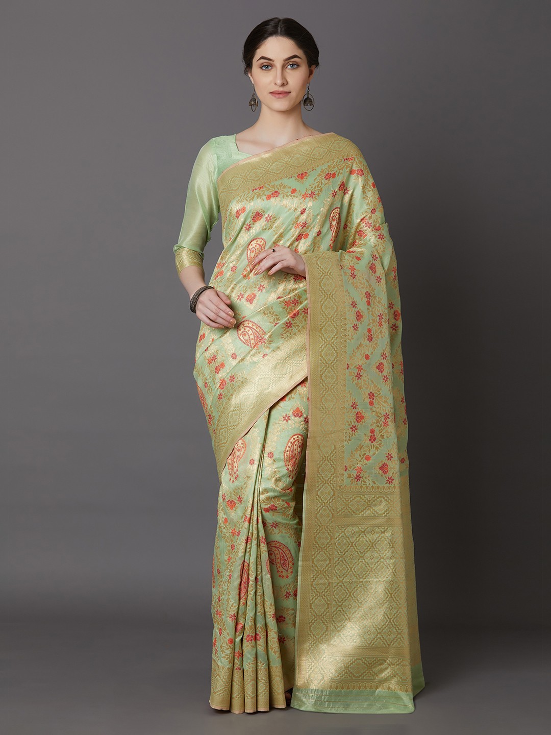 

Mitera Green & Gold-Coloured Silk Blend Woven Design Banarasi Saree