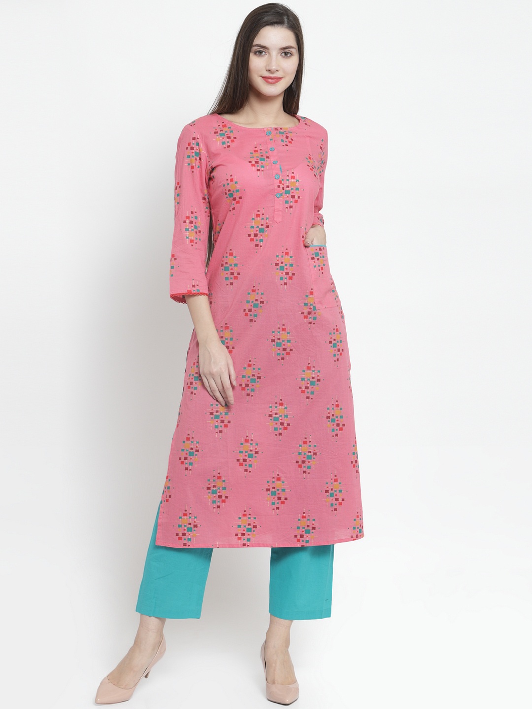 

The Kurta Express Women Pink & Turquoise Blue Printed Straight Kurta