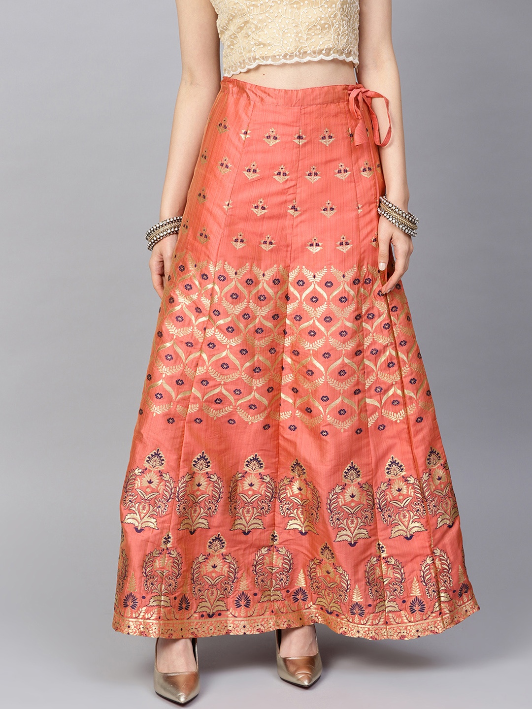 

Varanga Women Coral Pink & Gold Self Design High-Rise Silk Maxi Skirt