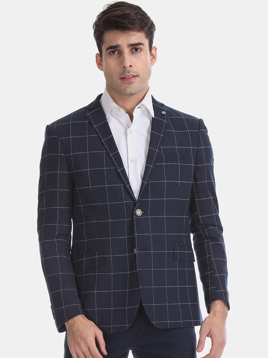

Arrow New York Men Navy Blue Checked Single-Breasted Formal Blazer