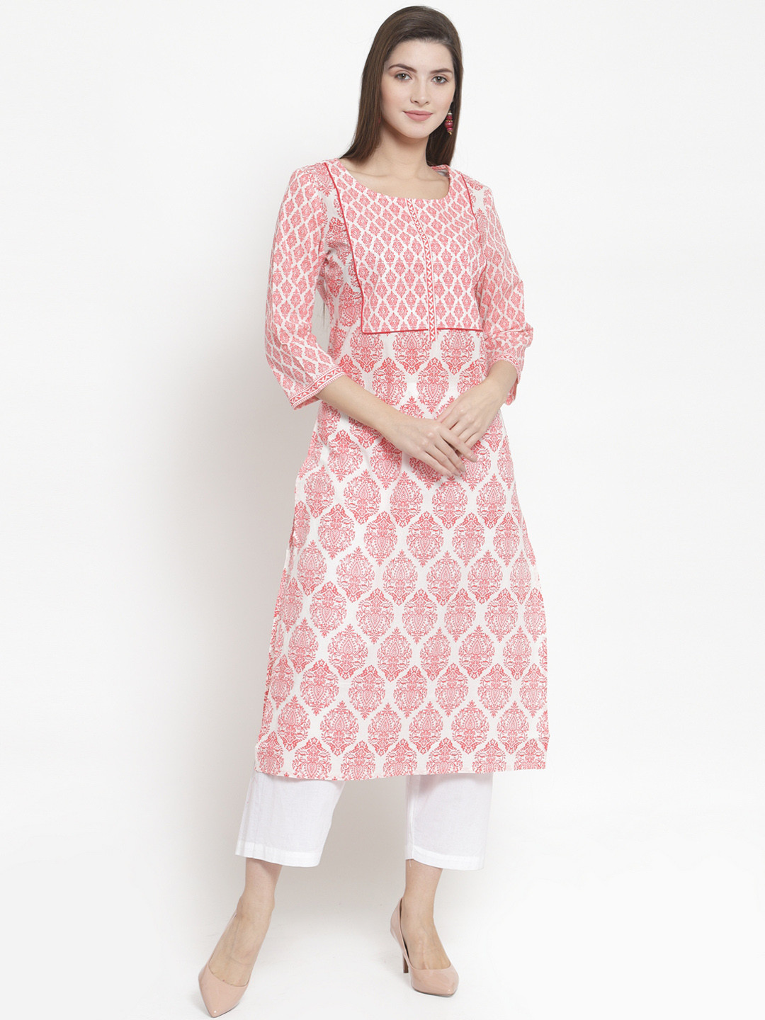

The Kurta Express Women Pink & White Printed Straight Kurta