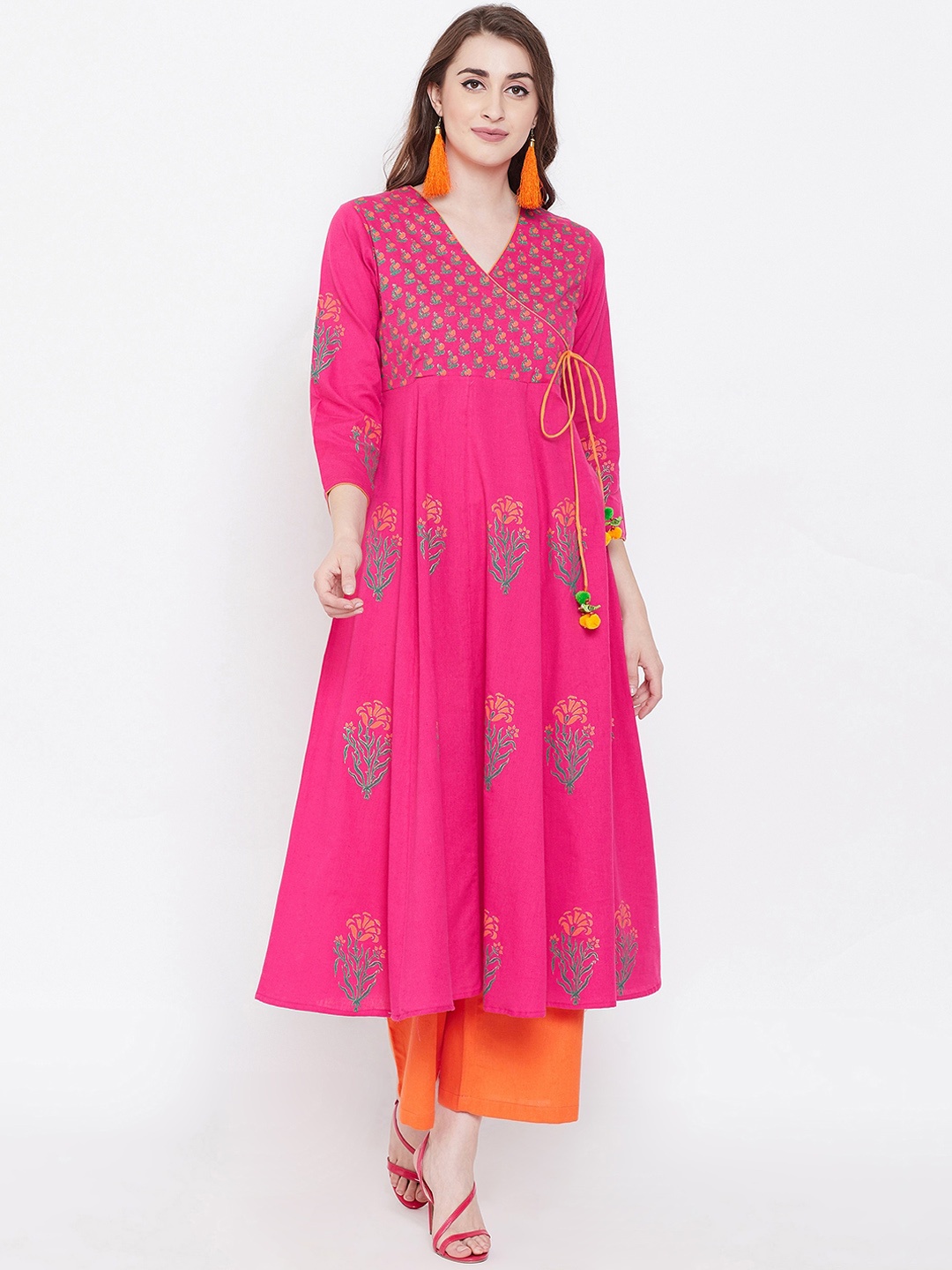 

Bitterlime Women Pink & Green Block Printed A-Line Angrakha Kurta