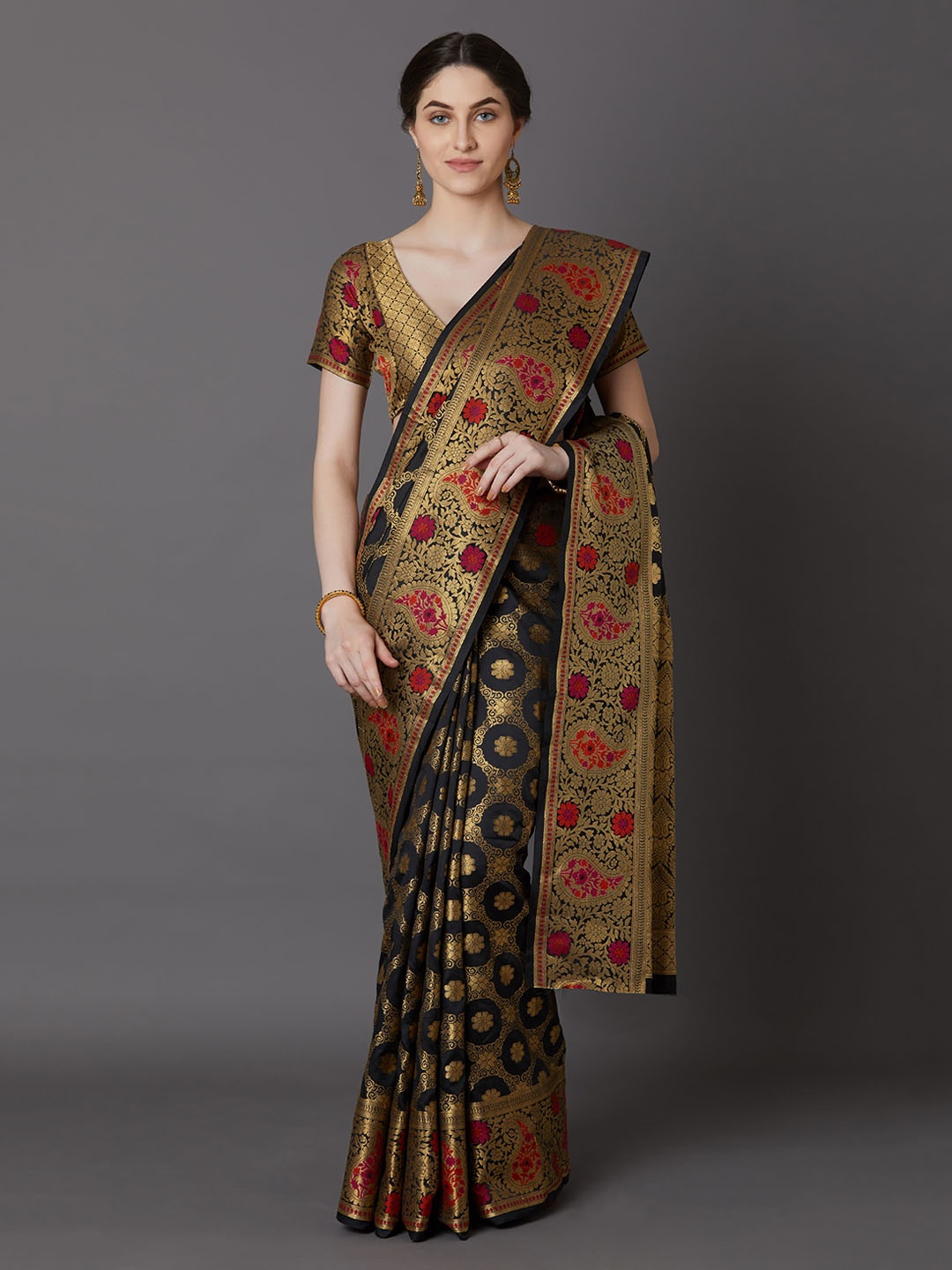 

Mitera Black & Gold-Coloured Silk Blend Woven Design Banarasi Saree