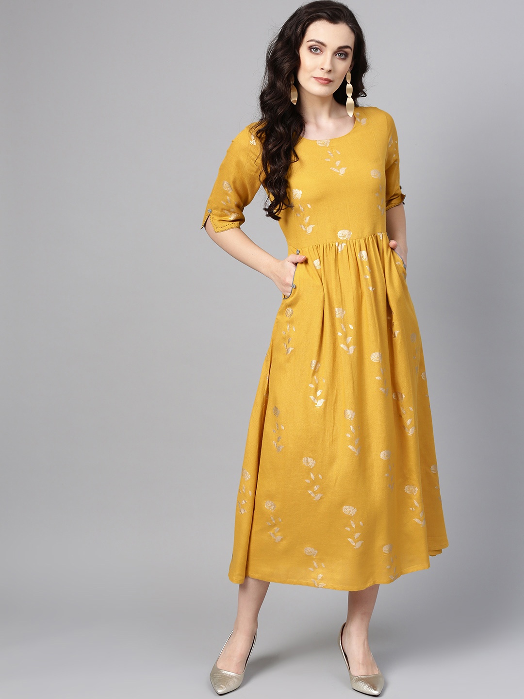 

Varanga Women Mustard Yellow Printed Fit and Flare Dress