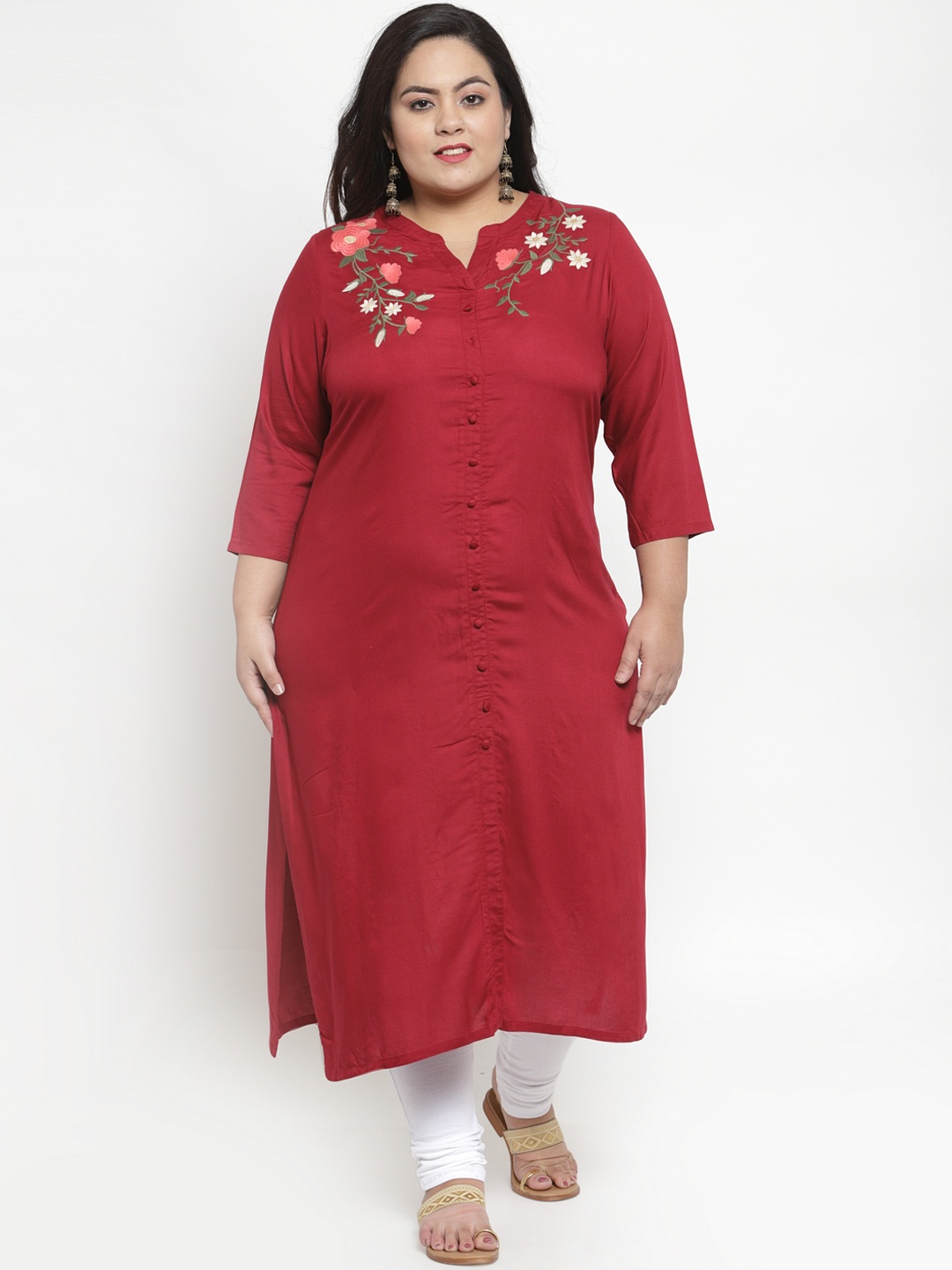 

plusS Women Maroon & Green Embroidered Straight Kurta