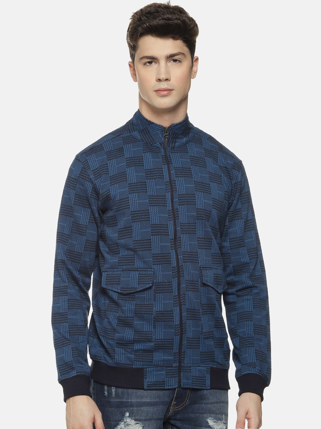 

Campus Sutra Men Blue and Black Printed Bomber Jacket