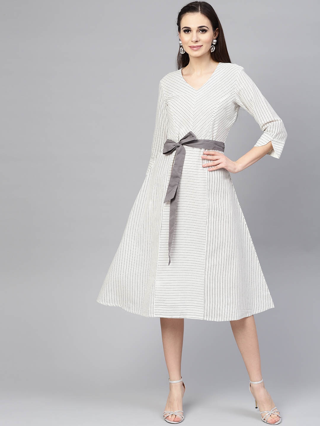 

Varanga Women Off-White Striped Fit and Flare Dress