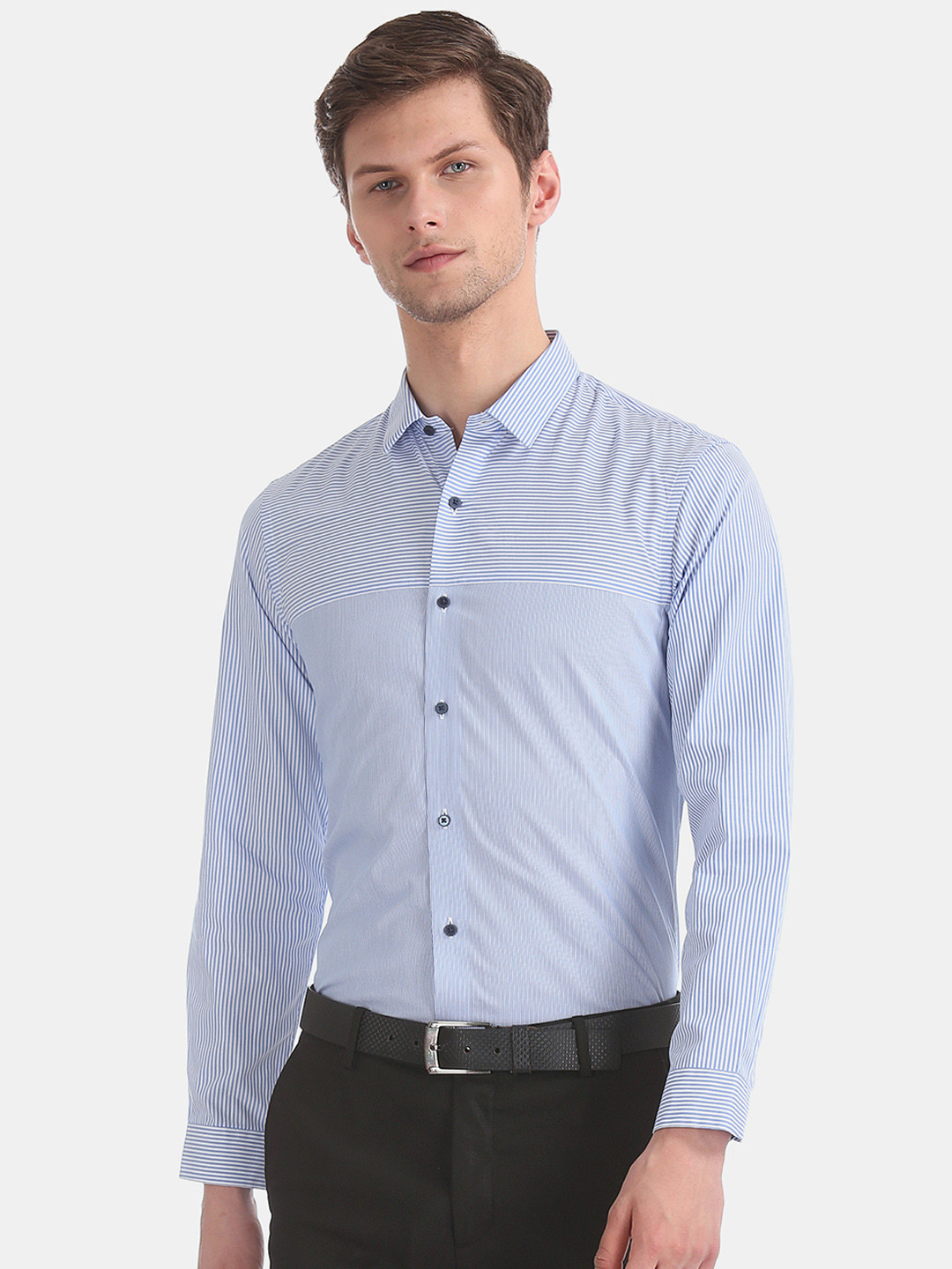 

Arrow New York Men Blue & White Skinny Fit Striped Formal Shirt