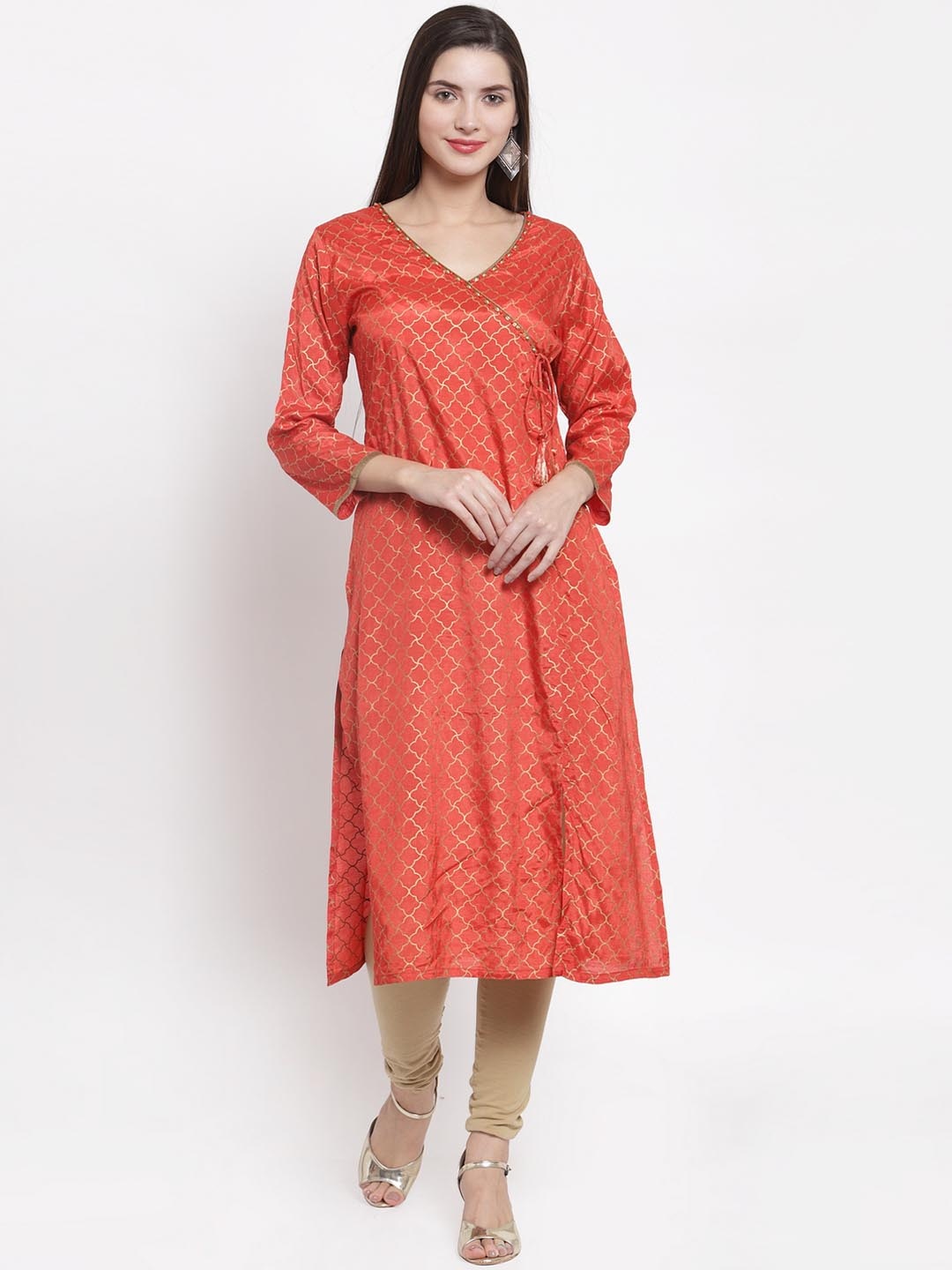 

The Kurta Express Women Coral Orange Woven Design A-Line Kurta