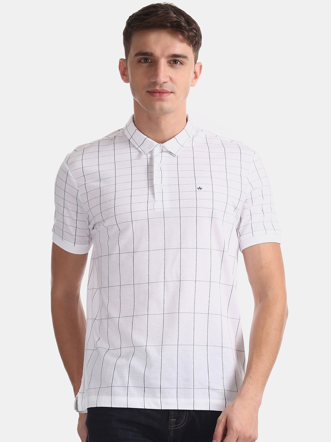 

Arrow New York Men White Blue Checked Polo Collar Pure Cotton T-shirt