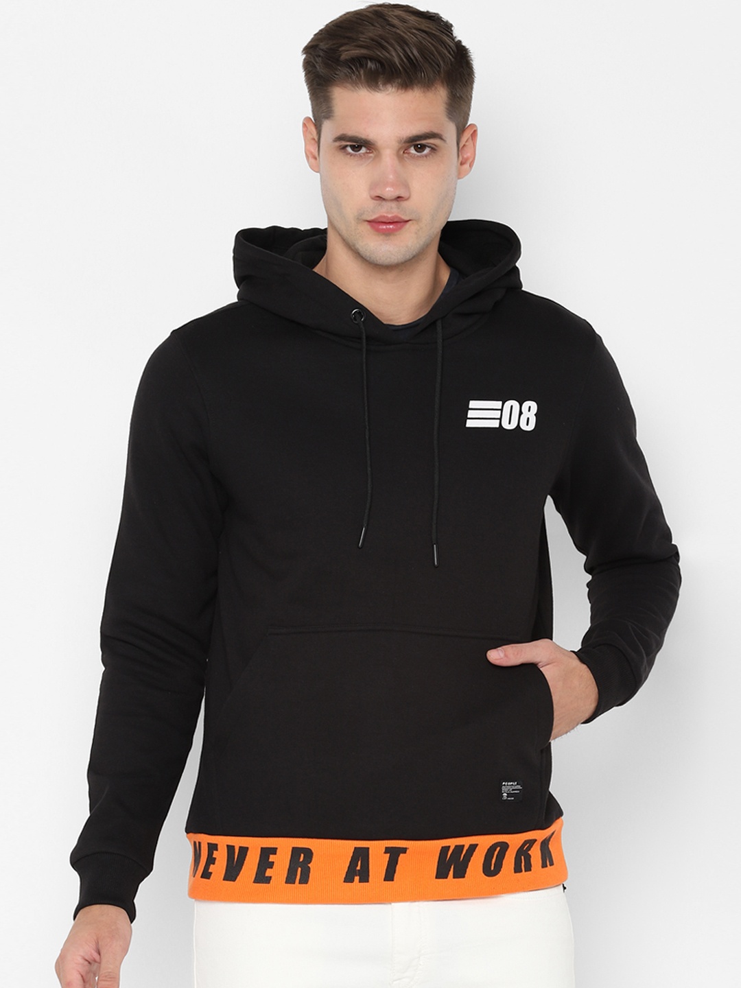 People Men Black Solid Hooded Sweatshirt