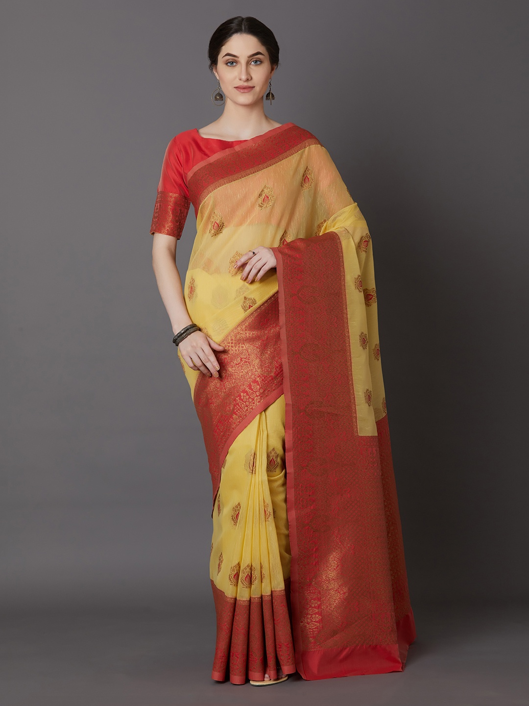 

Mitera Yellow & Red Silk Blend Woven Design Banarasi Saree