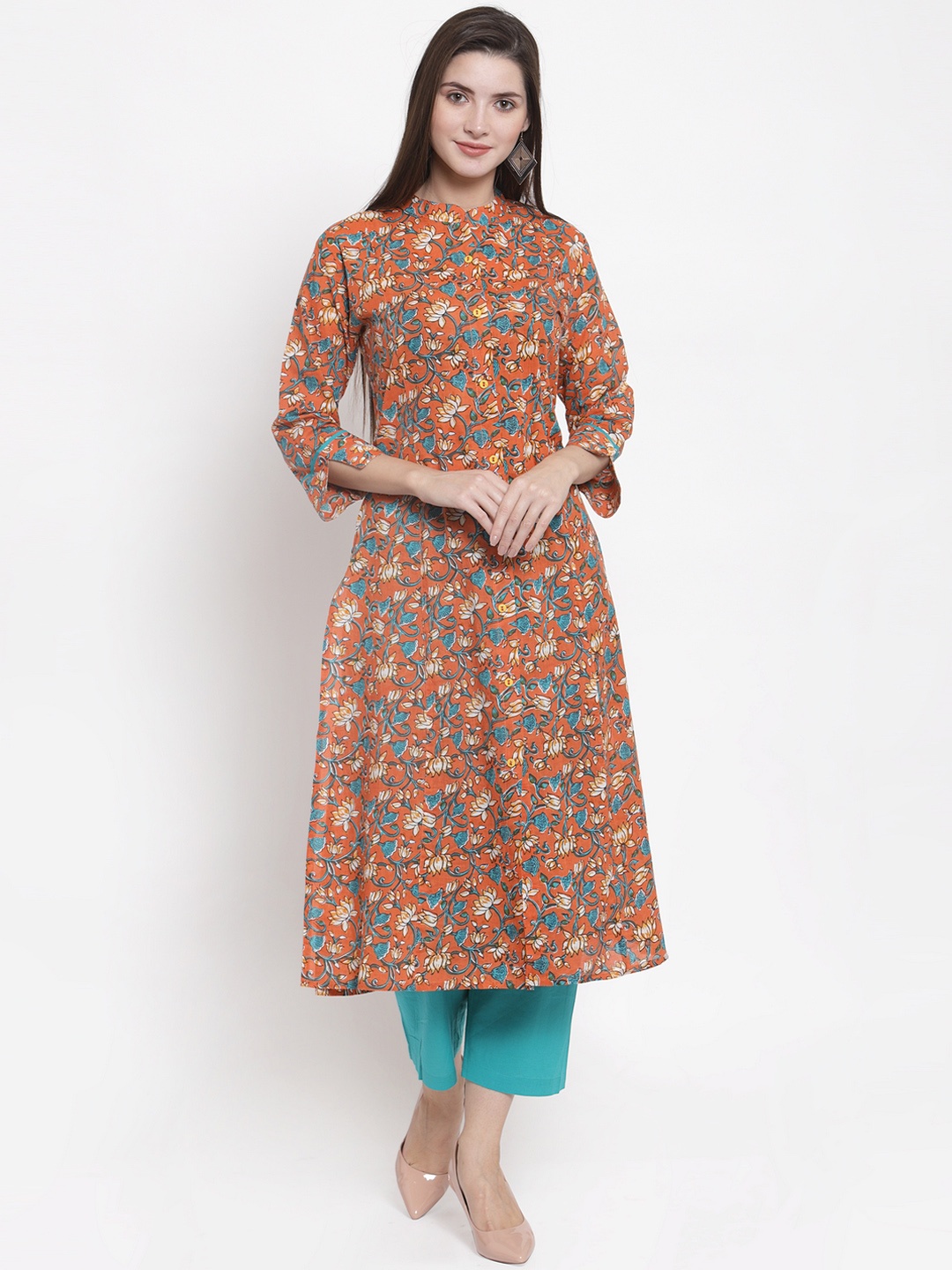 

The Kurta Express Women Orange & Green Printed A-Line Kurta