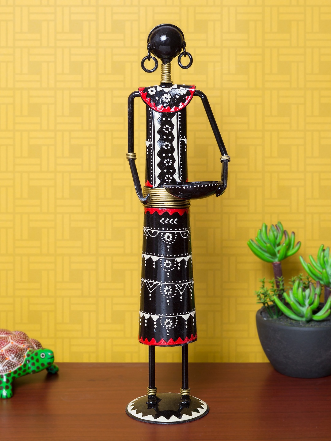 

Golden Peacock Black & Red Lady Worker Handcrafted Showpiece