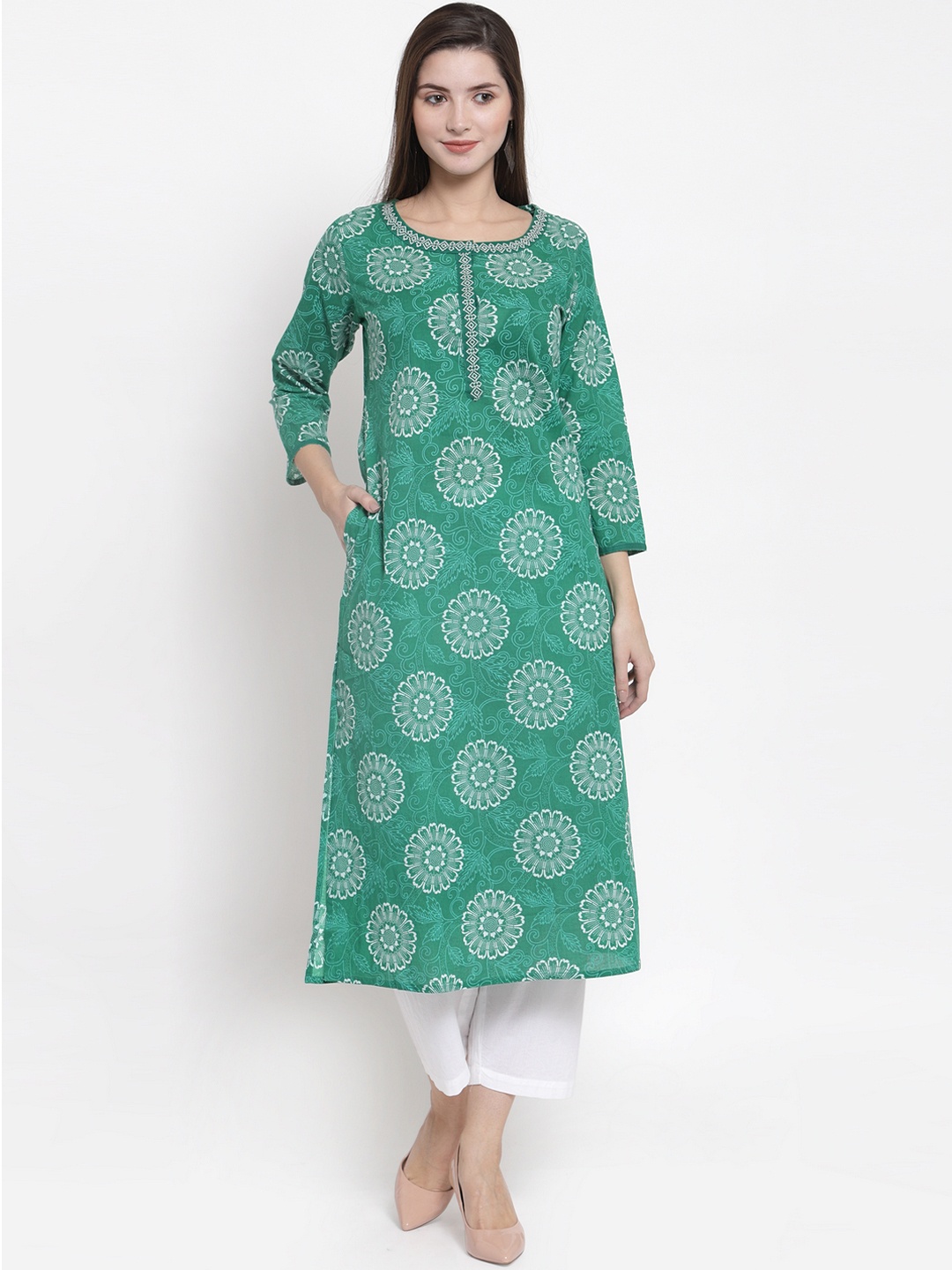 

The Kurta Express Women Green & White Printed Straight Kurta