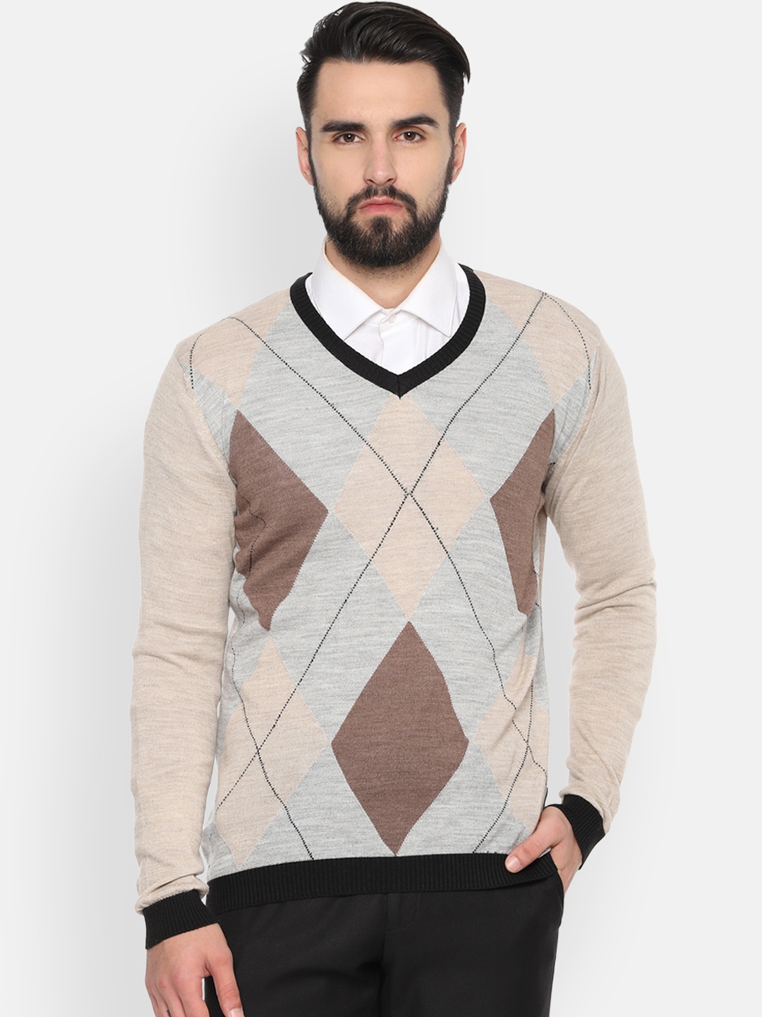 

Van Heusen Men Beige & Brown Argyle Pullover Sweater