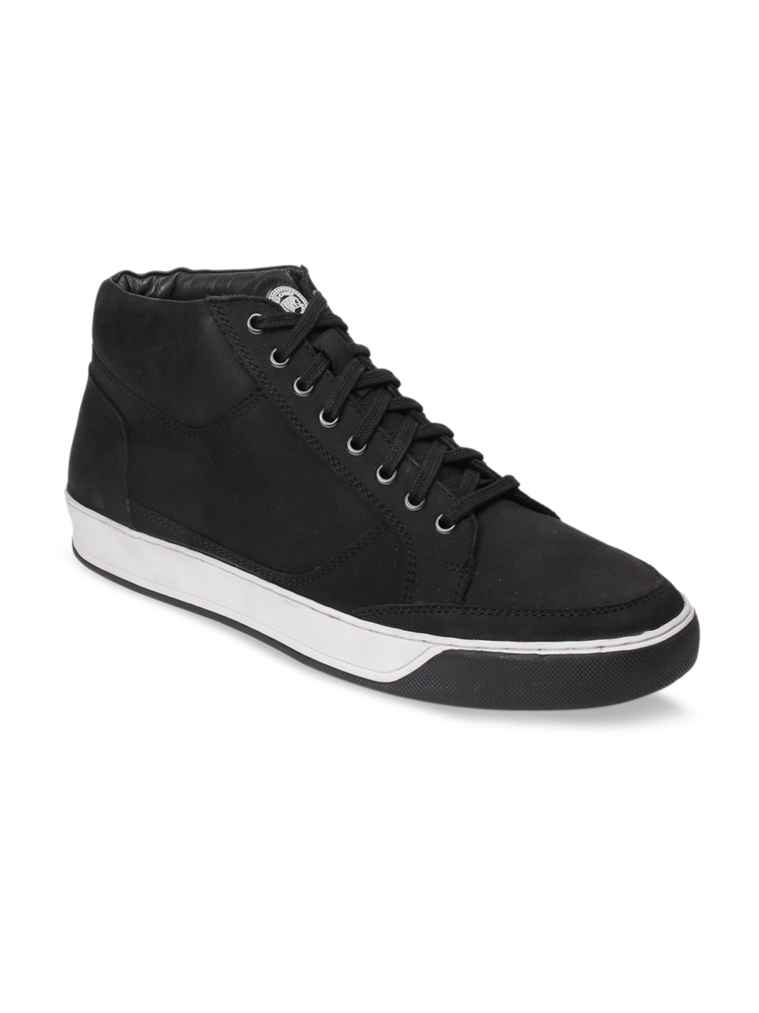 Red Chief Men Black Solid Leather Mid-Top Sneakers