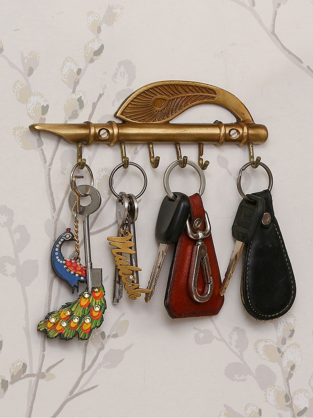 

eCraftIndia Brown Krishna Morpankh And Flute Design Brass Key Holder