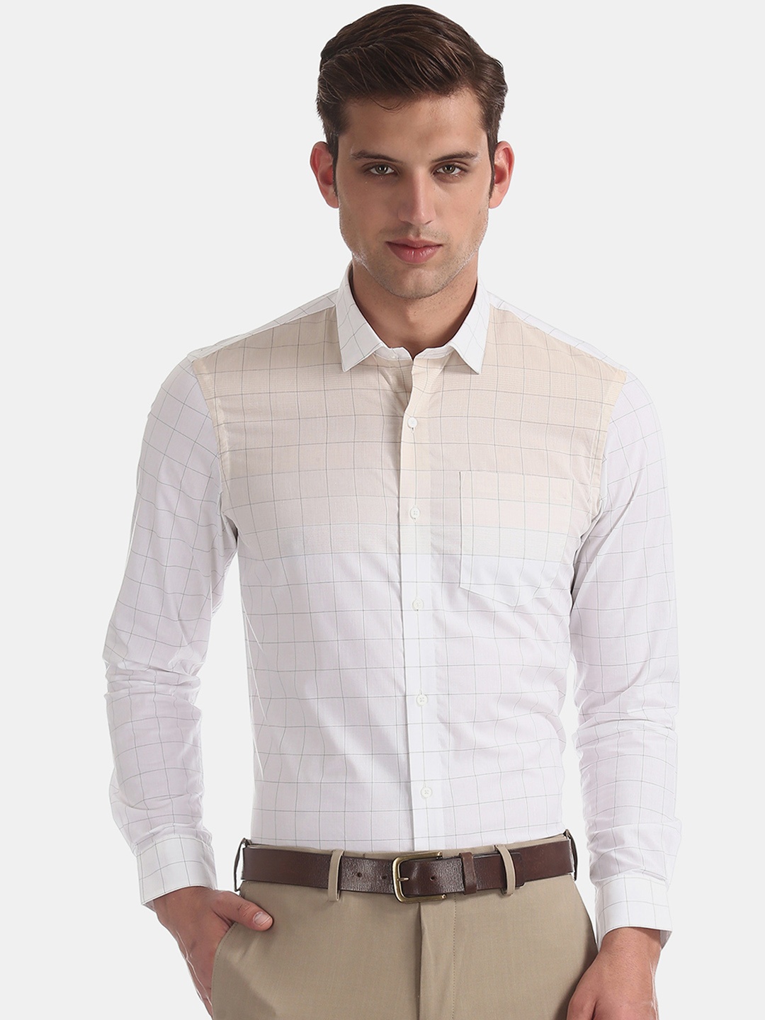 

Arrow New York Men White & Beige Slim Fit Checked Formal Shirt