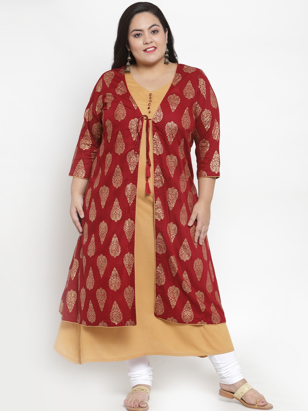 

plusS Women Maroon & Camel Brown Solid Straight Kurta With An Ethnic Shrug