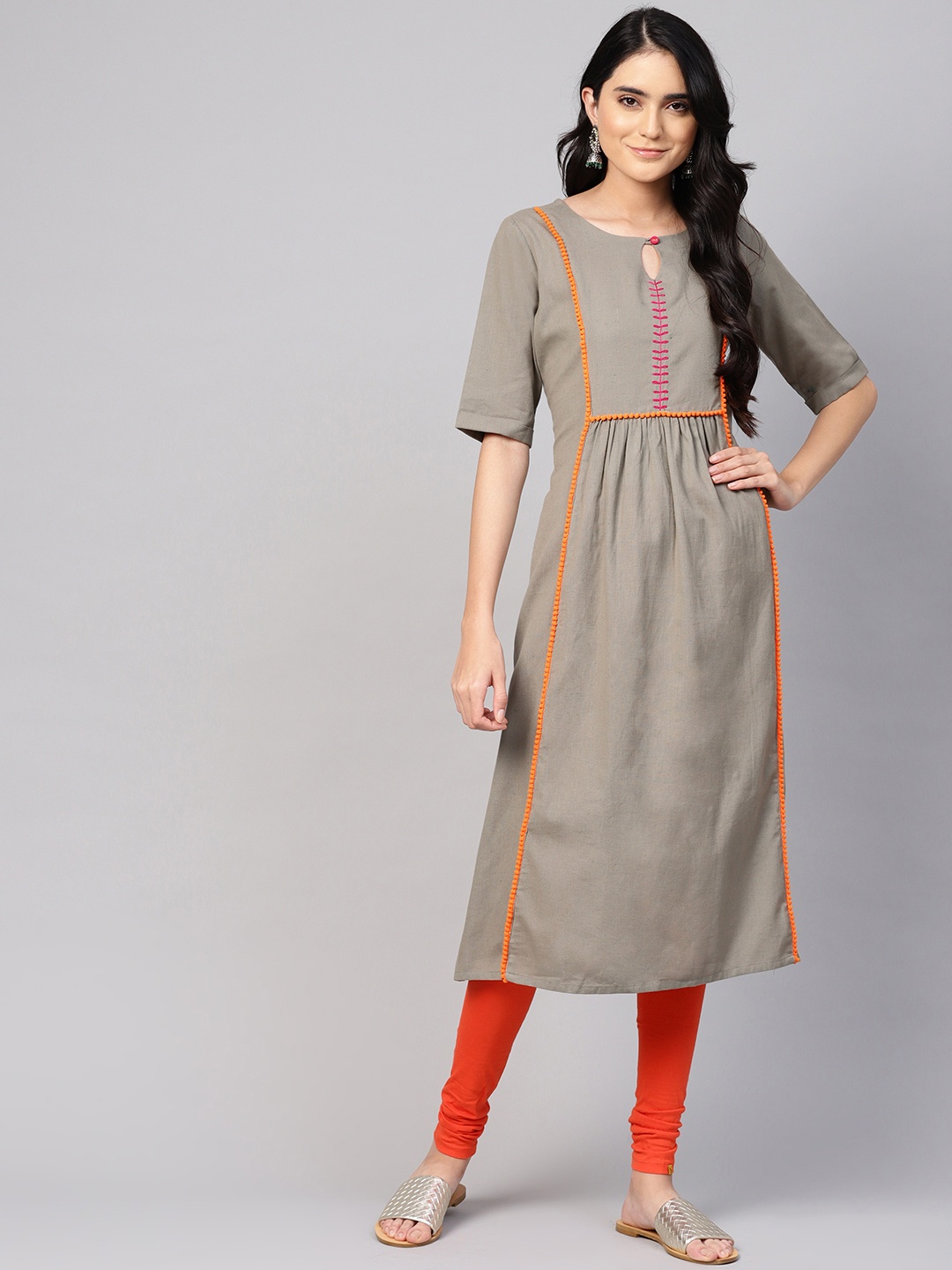 

Varanga Women Grey & Orange Embroidered A-Line Kurta