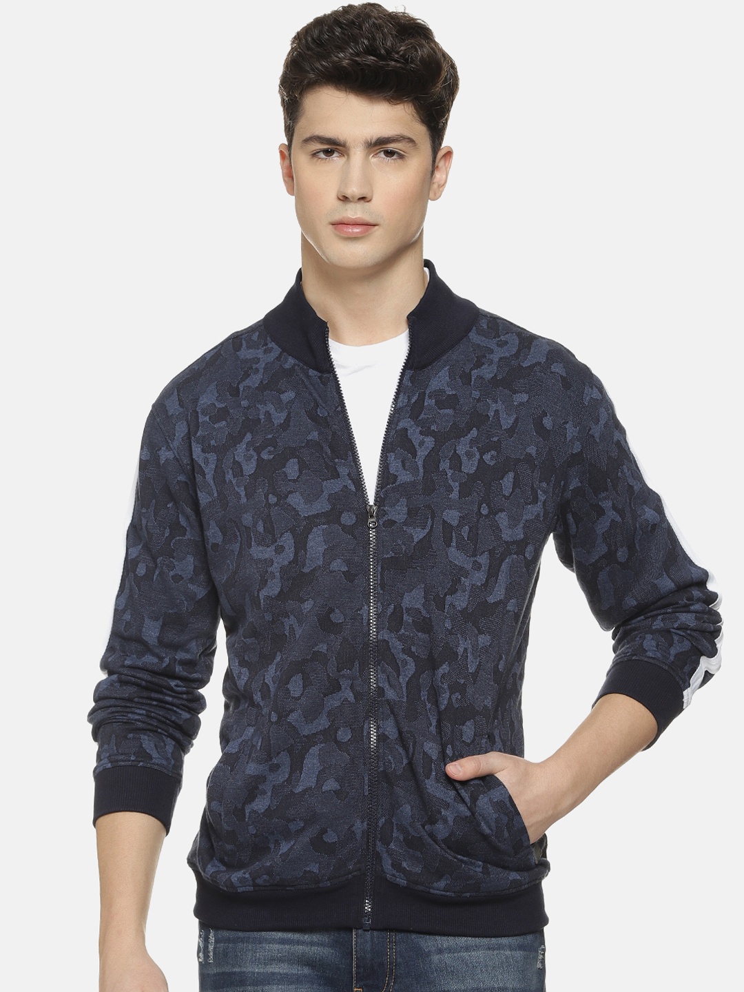

Campus Sutra Men Blue and Black Printed Bomber Jacket