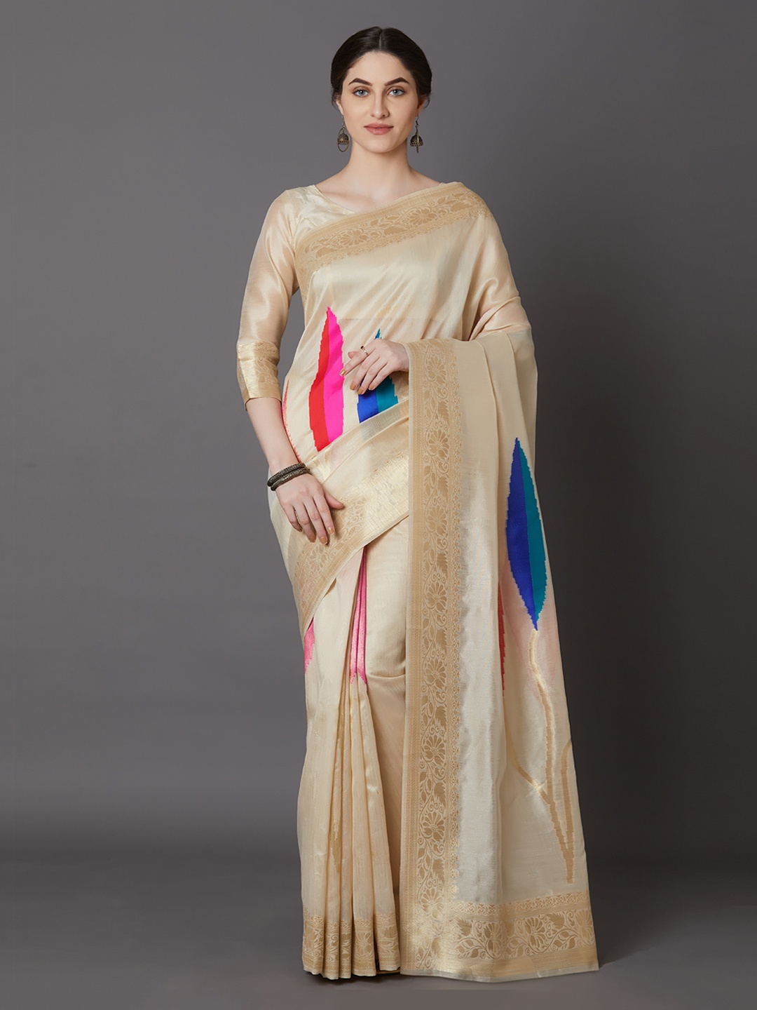 

Mitera Beige Silk Blend Woven Design Banarasi Saree