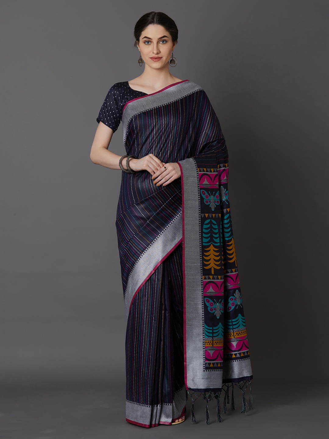 

Mitera Navy Blue Printed Silk Blend Saree