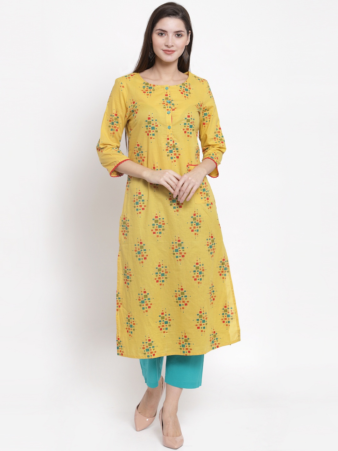 

The Kurta Express Women Yellow & Red Printed Straight Kurta