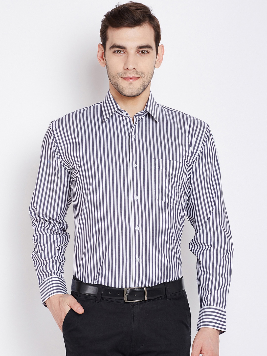 

Hancock Men White & Grey Slim Fit Striped Formal Shirt