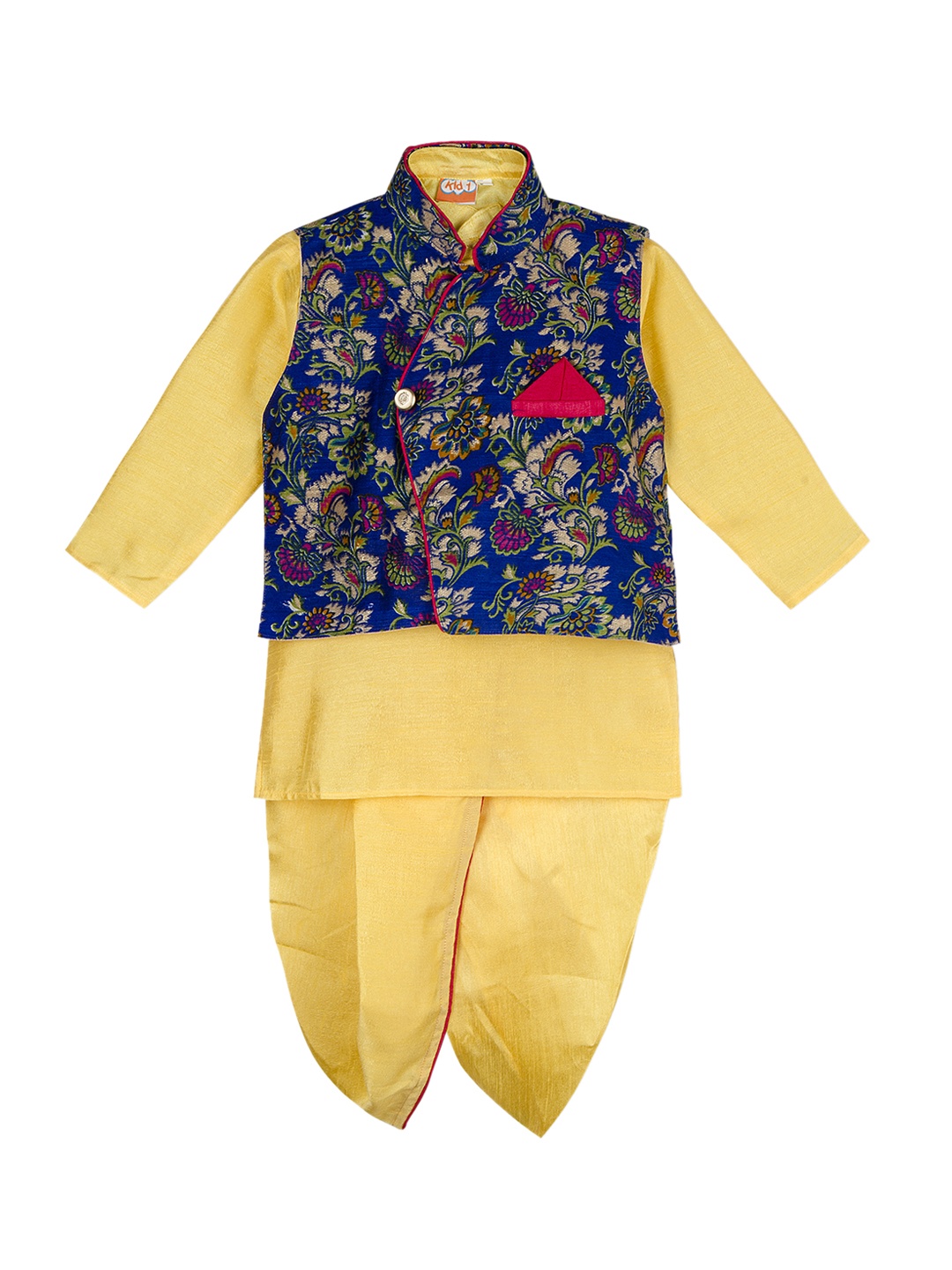 

KID1 Boys Yellow & Blue Solid Kurta and Dhoti Pant with Nehru Jacket